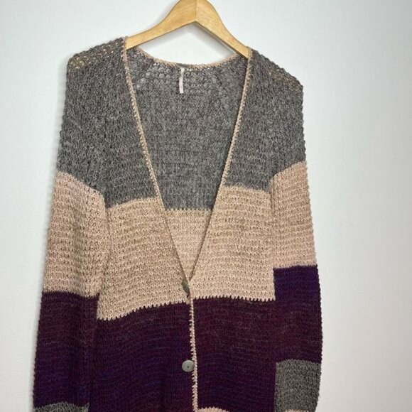 Free People Women’s Medium Deep V Colorblock Cardigan Mohair Blend Chunky Knit - Picture 2 of 12